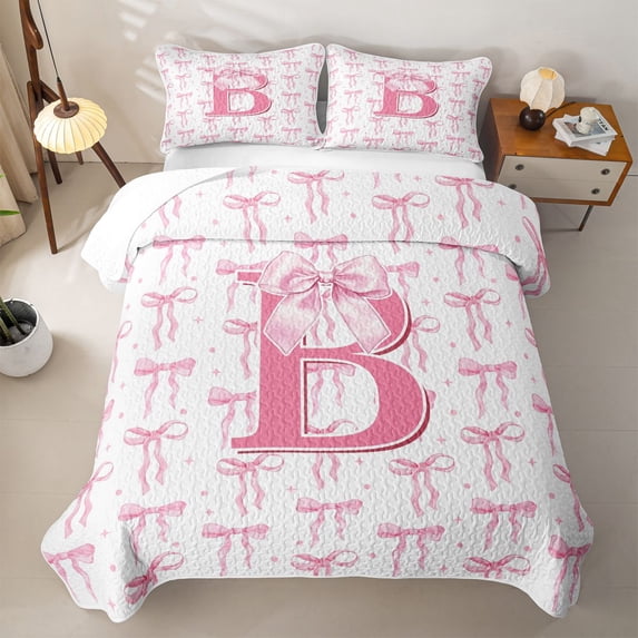 meiyoeat Cute Coquette Bow Quilt Full For Girls,Pink Initial Latter B Full Bedspread Sets For Kids,3 Pieces