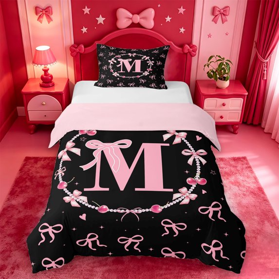 meiyoeat Cute Coquette Bow Twin Duvet Cover,Pink Monogram M Letter Twin Bedding For Girl,Pink Reversible,2pcs,1 Duvet Cover and 1 Pillowcase