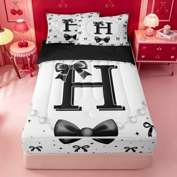 meiyoeat Cute Coquette Bow Zipper Twin Comforter Sets with Fitted Sheet and 2 Pillowcases For Kids,Black Ribbon Bowtie Initial Letter H Zipper Bedding Set,Black Reversible,4-Piece