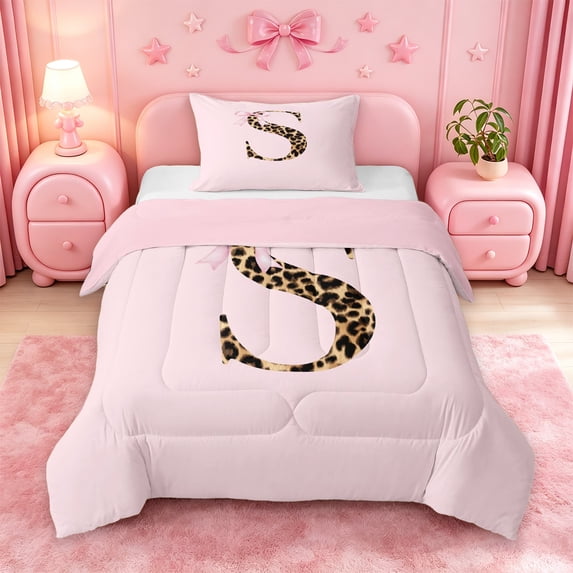 meiyoeat Chic Leopard Initial S Twin Comforter Sets,Coquette Bow Print Monogram Design Bedding Set For Girl,Pink Reversible,2 Pieces,1 Comforter and 1 Pillowcase