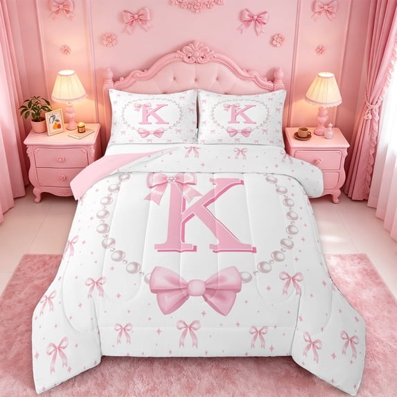 meiyoeat Cute Coquette Bowknot Full Size Comforter Sets For Kids,Pink Ribbon Bow Initial Letter K Bedding Comforter Set,Pink Reversible,3 Pieces