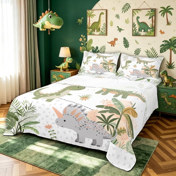 meiyoeat Cute Dinosaur Animal Bed Sheets for Kids Boys, Cartoon Jungle Leaf Full Size Sheets, Green White, 4 Pieces