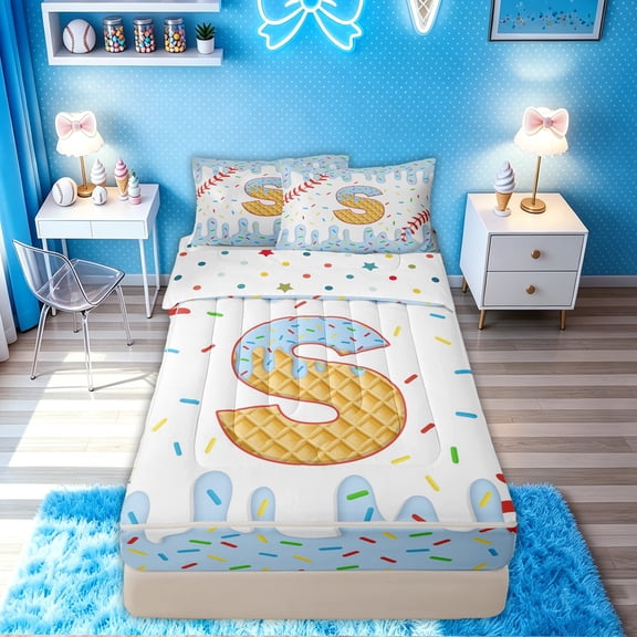 meiyoeat Cute Drip Ice Cream Zipper Twin Comforter Sets with Fitted Sheet and 2 Pillowcases for Boys Kids, Blue Donut Baseball S Letter Zipper Bedding Set, Polkadot Reversible, 4pcs