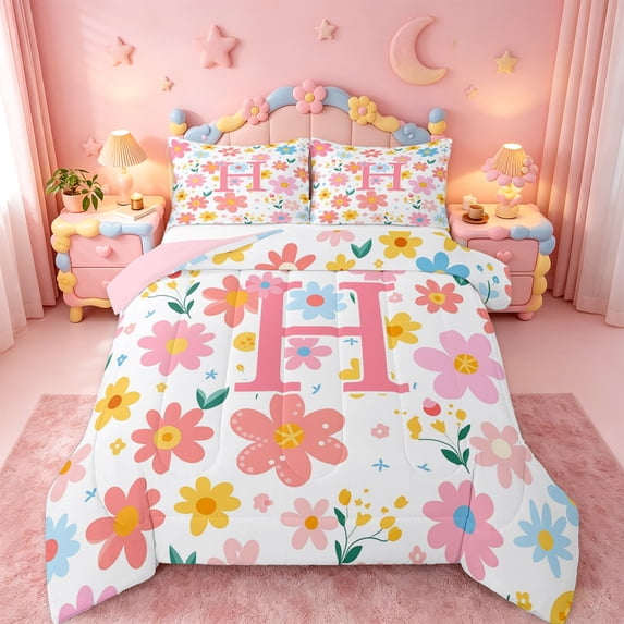 meiyoeat Cute Floral Initial Print Queen Comforter Set For Girls,Multicolor Flowers Monogrammed H Letter Comforter Sets Queen For Kids,Pink Reversible,3-Piece