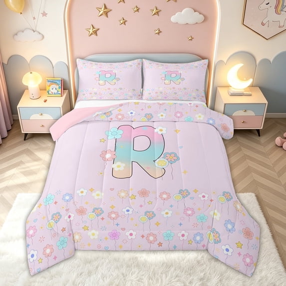 meiyoeat Cute Floral Letter R Full Size Comforter Sets for Kids Girls, Pastel Initial Bedding Comforter Set for Birthday Party, Pink, Pink Reversible, 3 Pieces, 1 Comforter and 2 Pillowcases