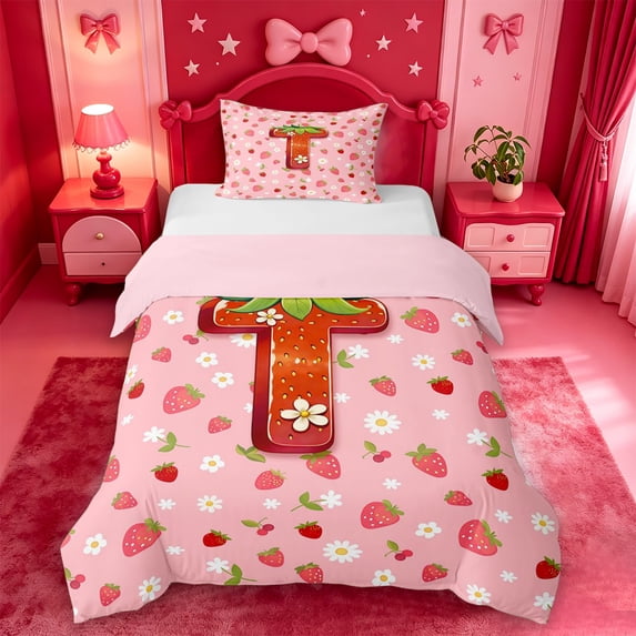 meiyoeat Cute Flowers Daisy Twin Duvet Cover,Strawberry Floral Theme Initial T Twin Bedding For Girl,Pink Reversible,2pcs,1 Duvet Cover and 1 Pillowcase