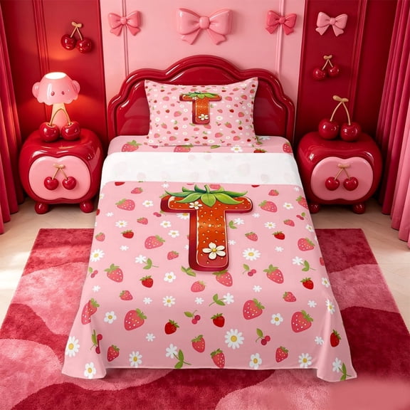 meiyoeat Cute Flowers Daisy Twin Sheets,Strawberry Floral Theme Initial T Bedding For Girl,3pcs,1 Fitted Sheet and 1 Pillowcase