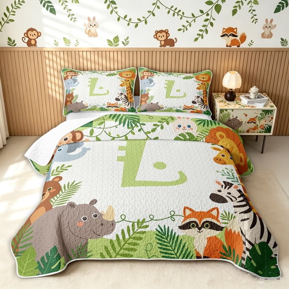 meiyoeat Cute Jungle Letter L Quilt Full for Girls, Funny Tropical Animal Full Bedspread Sets, Green White, 3 Pieces, 1 Comforter and 2 Pillowcases