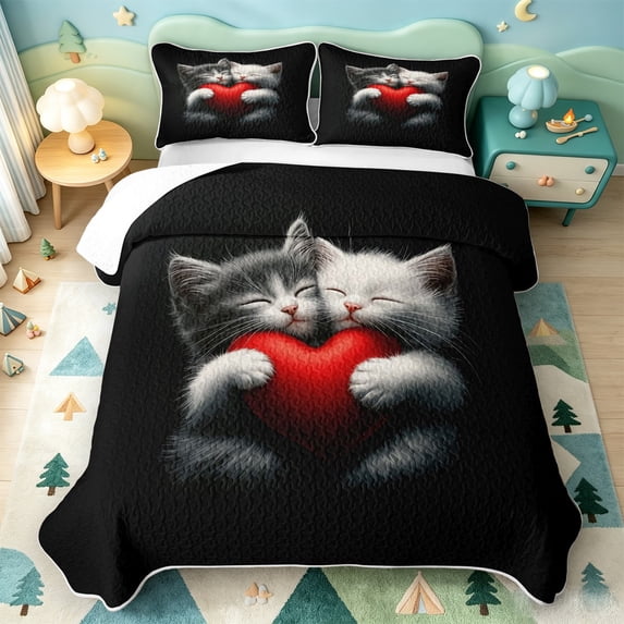meiyoeat Cute Kitten Heart Bed Spread Queen,Cartoon Print Queen Coverlet Set,3-Piece,1 Quilt and 2 Pillowcases