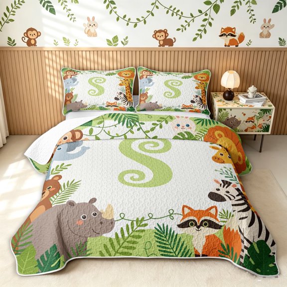 meiyoeat Cute Lion Monkey Animal Quilt Full for Girls, Green Monogram S Full Bedspread Sets, 3-Piece, 1 Comforter and 2 Pillowcases