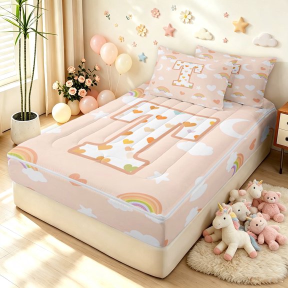 meiyoeat Cute Love Heart Letter T Zipper Twin Comforter Sets with Fitted Sheet and 2 Pillowcases for Girls, Cloud Moon Zipper Bedding Set for Bedroom, Peach, Polkadot Reversible, 4pcs