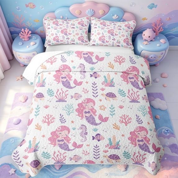 meiyoeat Cute Mermaid Print Quilt King For Girls,Pink Cartoon Ocean Creatures King Coverlet Set,3 Pieces,1 Bedspread and 2 Pillowcases