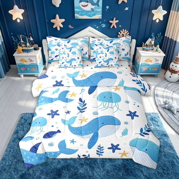 meiyoeat Cute Ocean Jellyfish Star Whale Twin Bedding for Boys Girls, Kawaii Marine Wildlife Bedding Comforter Set, Blue White, Polkadot Reversible, 7-Piece
