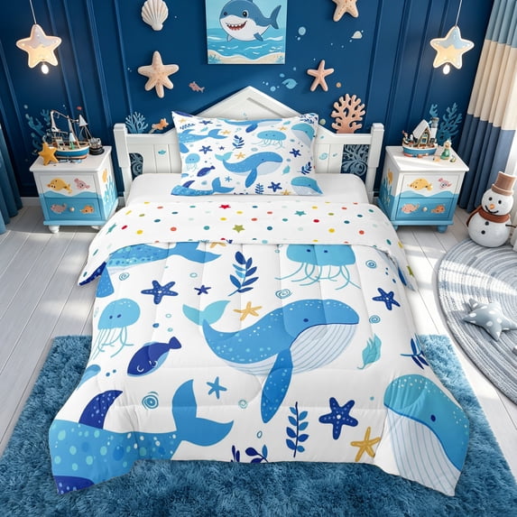 meiyoeat Cute Ocean Jellyfish Star Whale Twin Comforter Sets for Boys Girls, Kawaii Marine Wildlife Bedding Set, Blue White, Polkadot Reversible, 2-Piece, 1 Comforter and 1 Pillowcase