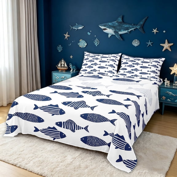 meiyoeat Cute Ocean Pike Fish Bed Sheets for Girls Boys Girls, Cartoon Line Animal Full Size Sheets, White Blue, 4 Pieces, 1 Flat Sheet, 1 Fitted Sheet and 2 Pillowcases
