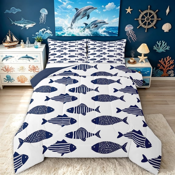 meiyoeat Cute Ocean Pike Fish Full Size Comforter Sets for Girls Boys Girls, Cartoon Line Animal Bedding Comforter Set, White Blue, Blue Reversible, 3 Pieces, 1 Comforter and 2 Pillowcases