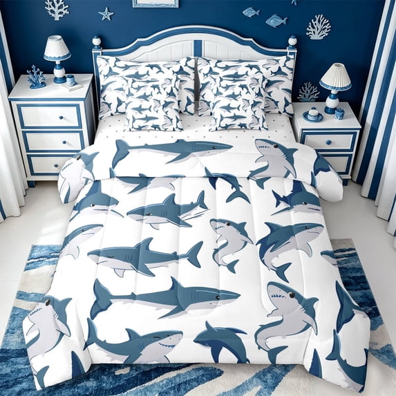 meiyoeat Cute Ocean Shark 7-Piece Twin Bedding For Boys,Marine Animal Bedding Comforter Set For Kids,Reversible