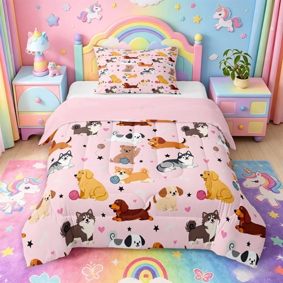 meiyoeat Cute Pet Dogs Twin Comforter Sets For Girls,Kawaii Animals Bedding Set For Kids,Pink Reversible,2-Piece