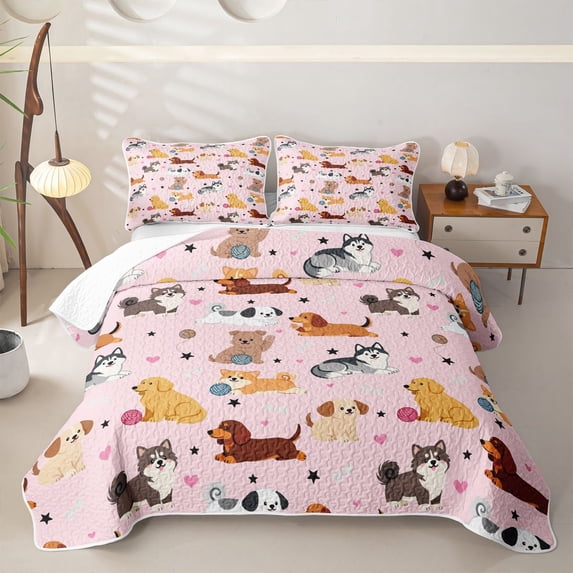 meiyoeat Cute Pet Dogs Twin Quilt Set For Girls,Kawaii Animals Twin Coverlet Set For Kids,2 Pieces