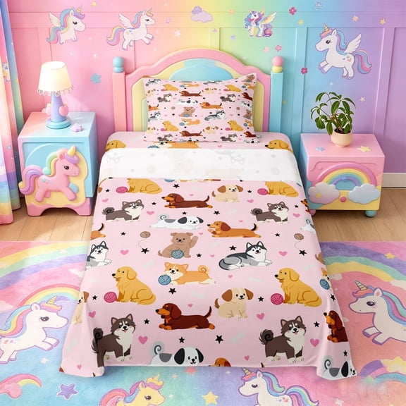 meiyoeat Cute Pet Dogs Twin Sheets For Girls,Kawaii Animals Bedding For Kids,3-Piece