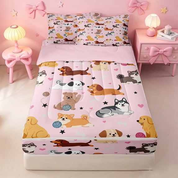 meiyoeat Cute Pet Dogs Zipper Full Size Comforter Sets with Fitted Sheet and 2 Pillowcases For Girls,Kawaii Animals Zipper Bedding Set For Kids,Pink Reversible,4 Pieces