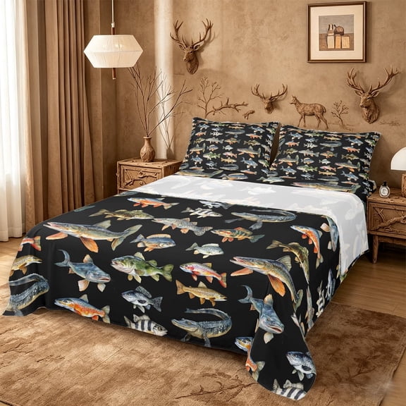 meiyoeat Cute Pike Fish Bed Sheets For Boys,Black Watercolor Print Full Size Sheets Kids,4pcs
