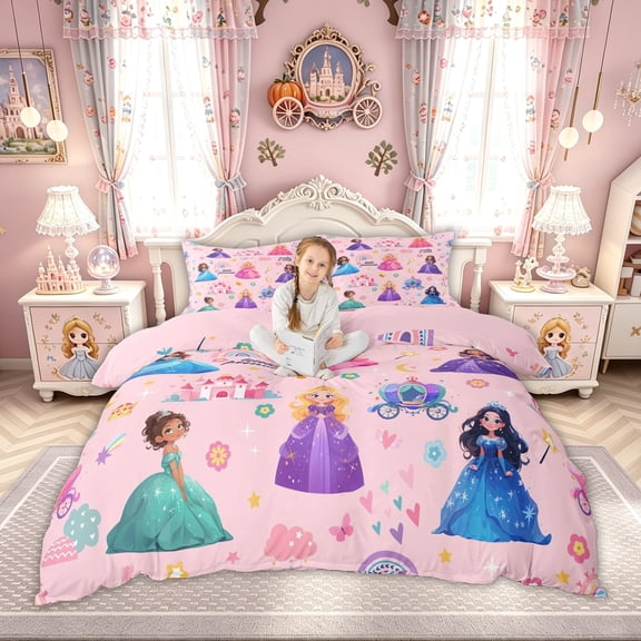 meiyoeat Cute Princess Castle Bedding for Kids Girls, Magical Rainbow Flower Duvet Cover Full, Pink, Pink Reversible, 3-Piece