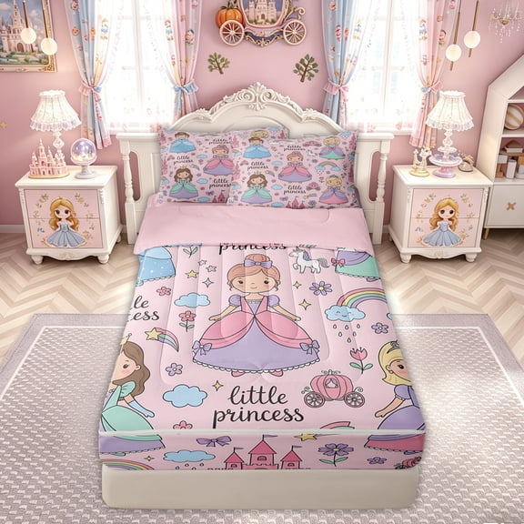 meiyoeat Cute Princess Castle Rainbow Zipper Twin Comforter Sets with Fitted Sheet and 2 Pillowcases for Kids Girls, Girly Pink Cartoon Zipper Bedding Set, Pink Reversible, 4 Pieces