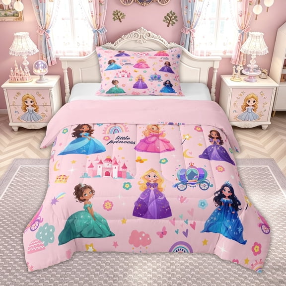 meiyoeat Cute Princess Castle Twin Comforter Sets for Kids Girls, Magical Rainbow Flower Bedding Set, Pink, Pink Reversible, 2-Piece