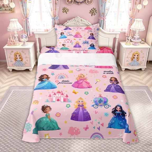 meiyoeat Cute Princess Castle Twin Sheets for Kids Girls, Magical Rainbow Flower Bedding, Pink, 3-Piece