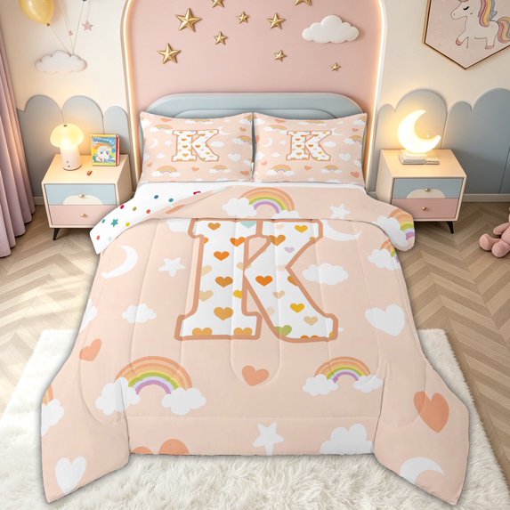 meiyoeat Cute Rainbow Love Heart Full Size Comforter Sets for Girls, Lovely Star Moon Bedding Comforter Set for Bedroom, Peach, Polkadot Reversible, 3pcs, 1 Comforter and 2 Pillowcases