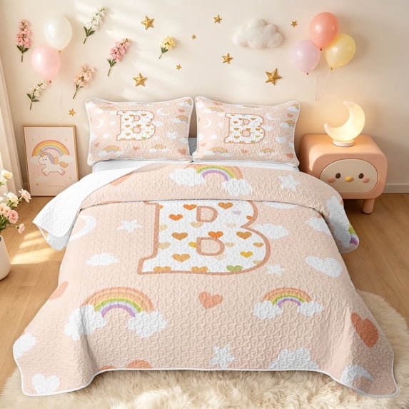 meiyoeat Cute Rainbow Love Heart Quilt Full for Girls, Lovely Star Moon Full Bedspread Sets for Bedroom, Peach, 3pcs, 1 Comforter and 2 Pillowcases