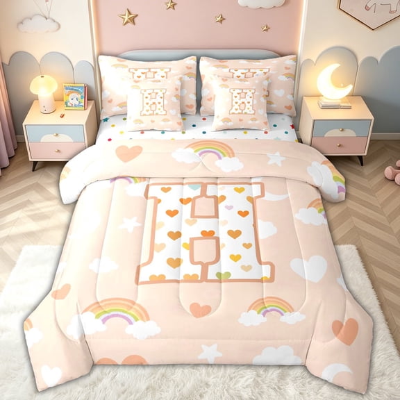 meiyoeat Cute Rainbow Love Heart Twin Bedding for Girls, Lovely Star Moon Bedding Comforter Set for Bedroom, Peach, Polkadot Reversible, 7pcs