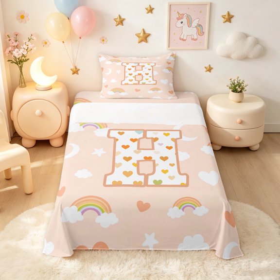 meiyoeat Cute Rainbow Love Heart Twin Sheets for Girls, Lovely Star Moon Bedding for Bedroom, Peach, 3pcs, 1 Flat Sheet, 1 Fitted Sheet and 1 Pillowcase