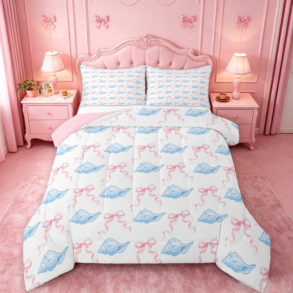 meiyoeat Cute Seashell Bow King Size Comforter Sets,Watercolor Coastal Style Comforters King Size,Pink Reversible,3 Pieces,1 Comforter And 2 Pillowcases