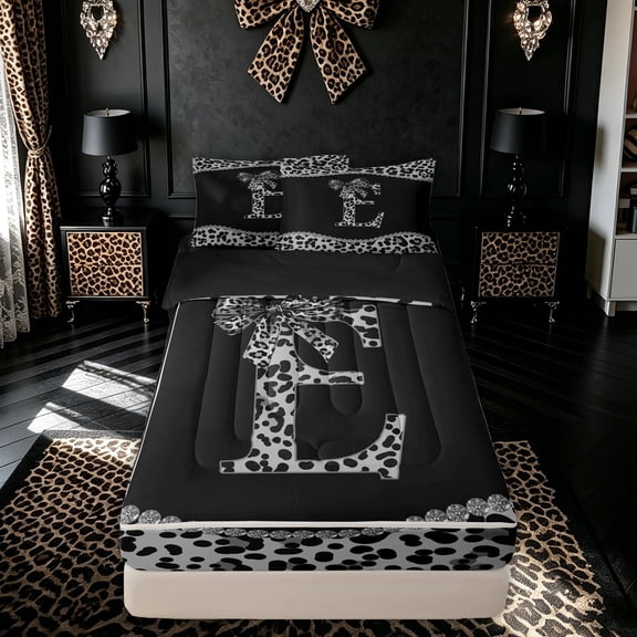 meiyoeat Cute Sequin Cheetah Print Bow Zipper Twin Comforter Sets with Fitted Sheet and 2 Pillowcases for Girls Adults, Black White Initial E Letter Zipper Bedding Set, Black Reversible, 4-Piece