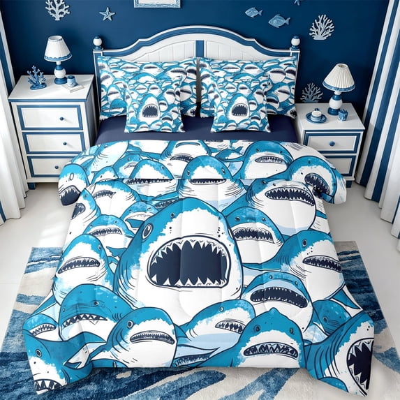 meiyoeat Cute Shark 7 Pieces Full Size Bedding Sets,Kawaii Ocean Animal Full Size Bed in a Bag For Boys Kids,Navy Blue Reversible