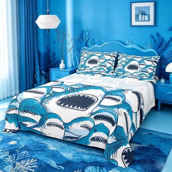 meiyoeat Cute Shark Bed Sheets,Kawaii Ocean Animal Full Size Sheets For Boys Kids,4pcs