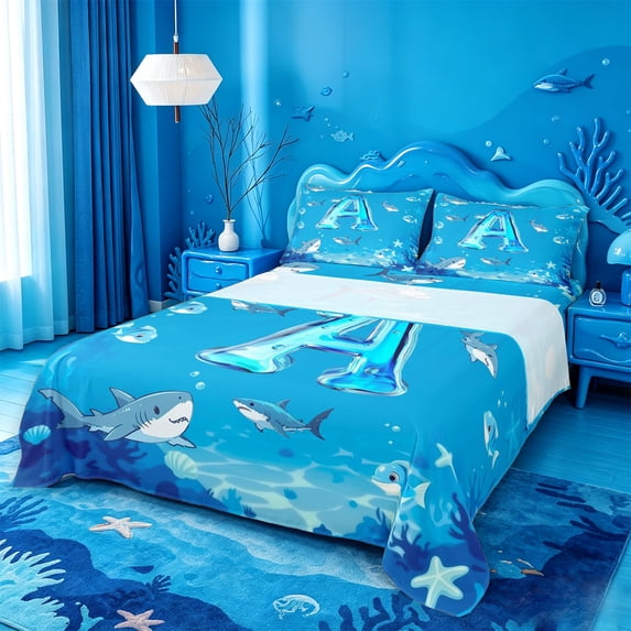 meiyoeat Cute Shark Monogram A Bed Sheets For Boys,Ocean Theme Full Size Sheets,4-Piece,1 Flat Sheet,1 Fitted Sheet and 2 Pillowcases