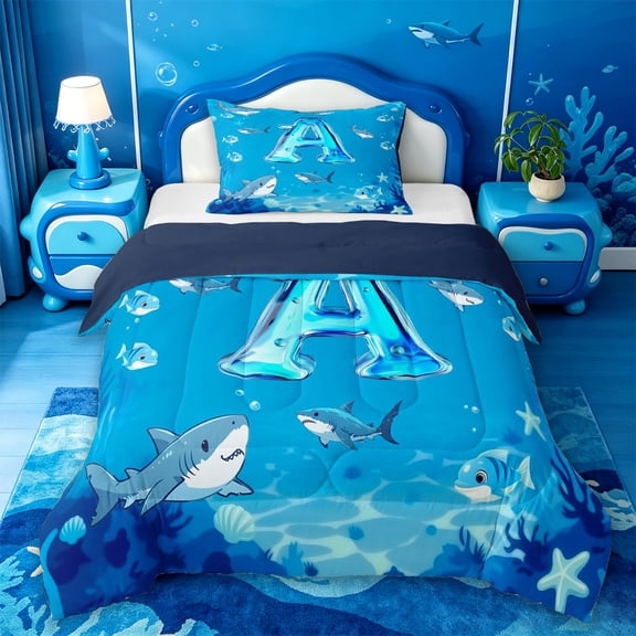 meiyoeat Cute Shark Monogram A Twin Comforter Sets For Boys,Ocean Theme Bedding Set,Navy Blue Reversible,2pcs,1 Comforter and 1 Pillowcase