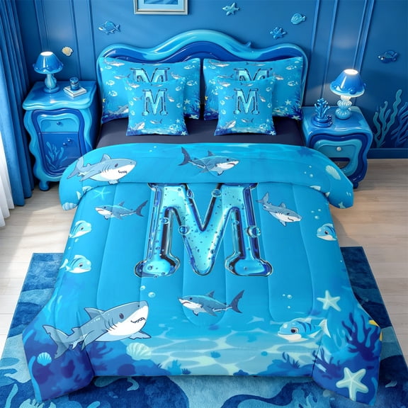 meiyoeat Cute Shark Monogram M 7Pcs Queen Bedding For Boys,Ocean Theme Bedding Comforter Set Queen,Navy Blue Reversible