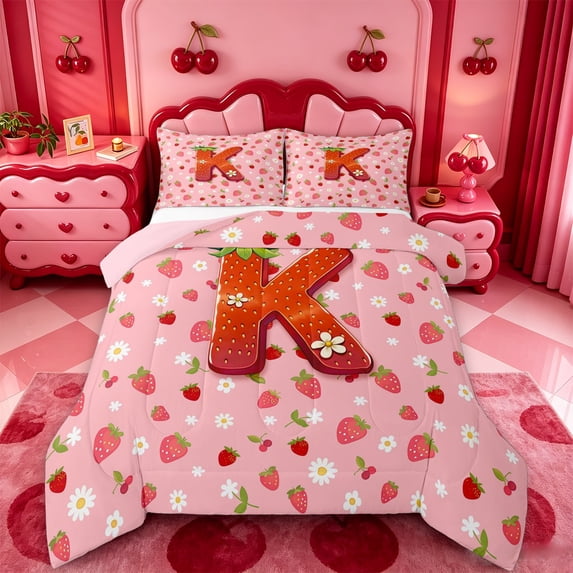 meiyoeat Cute Strawberry Daisy Full Size Comforter Sets,Kids Personalized Initial Alphabet K Bedding Comforter Set For Girl,Pink Reversible,3-Piece,1 Comforter and 2 Pillowcases