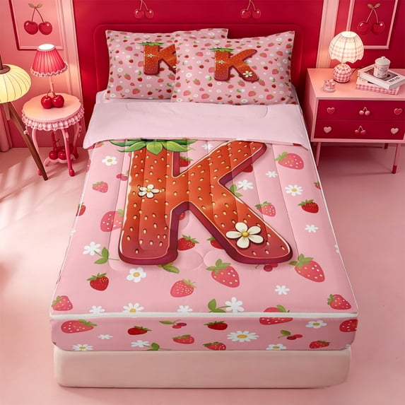 meiyoeat Cute Strawberry Daisy Zipper Full Size Comforter Sets with Fitted Sheet and 2 Pillowcases,Kids Personalized Initial Alphabet K Zipper Bedding Set For Girl,Pink Reversible,4 Pieces