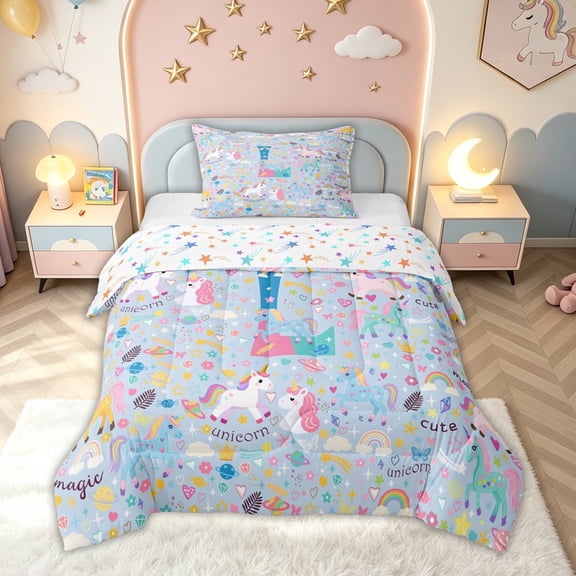 meiyoeat Cute Unicorn L Initial Twin Comforter Sets for Kids, Cartoon Monogram Bedding Set, Blue Multicolor, Colorful Star Reversible, 2pcs, 1 Comforter and 1 Pillowcase