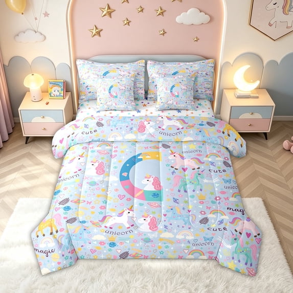 meiyoeat Cute Unicorn Letter C Twin Bedding for Kids Girls, Cartoon Rainbow Animal Bedding Comforter Set, Blue, Colorful Star Reversible, 7pcs
