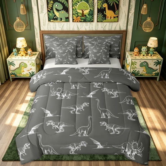 meiyoeat Dark Gray Hand Drawn Dinosaur Full Size Bedding Sets for Men Women Kids, Chalk Style Wildlife Full Size Bed in a Bag, Gray White, Grey Reversible, 7pcs