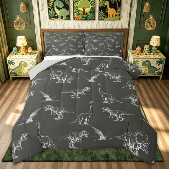 meiyoeat Dark Gray Hand Drawn Dinosaur Full Size Comforter Sets for Men Women Kids, Chalk Style Wildlife Bedding Comforter Set, Gray White, Grey Reversible, 3pcs, 1 Comforter and 2 Pillowcases
