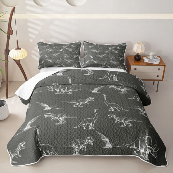 meiyoeat Dark Gray Hand Drawn Dinosaur Twin Quilt Set for Men Women, Chalk Style Wildlife Twin Coverlet Set, Gray White, 2pcs