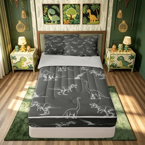 meiyoeat Dark Gray Hand Drawn Dinosaur Zipper Twin Comforter Sets with Fitted Sheet and 2 Pillowcases for Men Women Kids, Chalk Style Wildlife Zipper Bedding Set, Gray White, Grey Reversible, 4pcs
