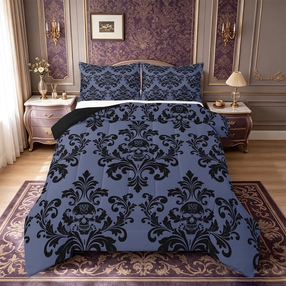 meiyoeat Dark Skull Queen Comforter Set,Damask Print Comforter Sets Queen For Adults,Slate Black,Black Reversible,3pcs,1 Comforter and 2 Pillowcases